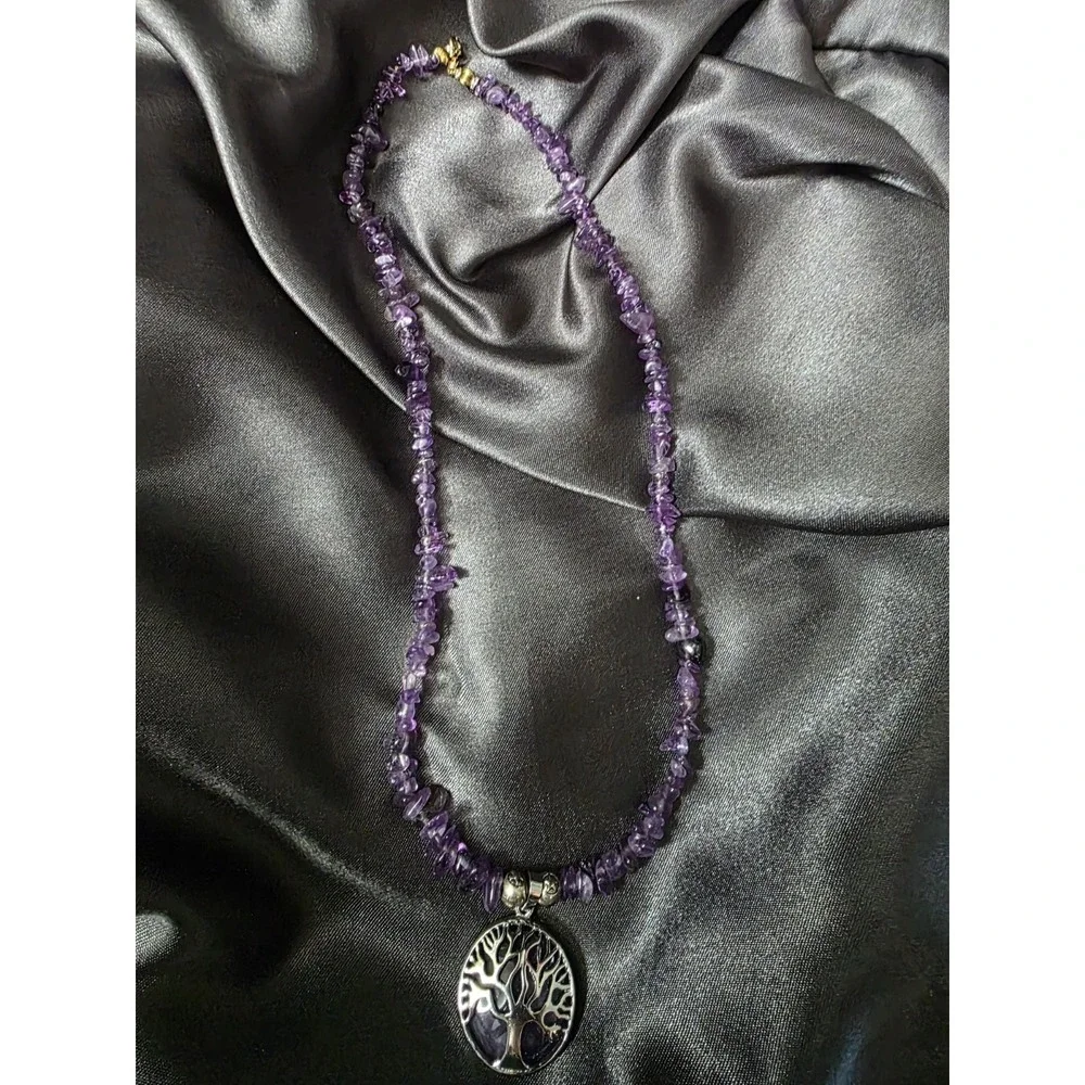 Amethyst Tree Of Life Silver Plated Pendant Healing Stone Necklace